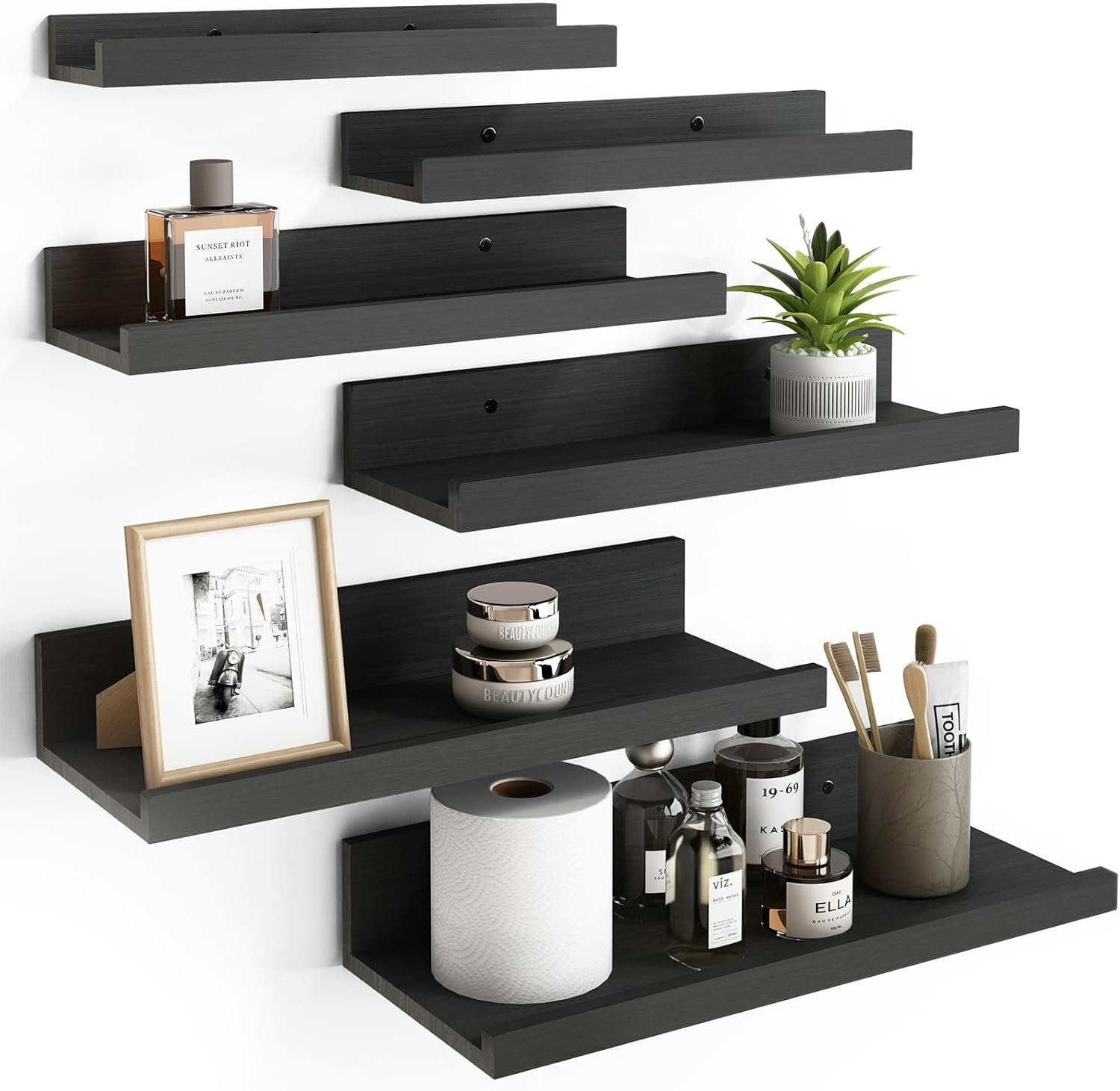 Fixwal Floating Shelves Black Wall Mounted 6 Sets