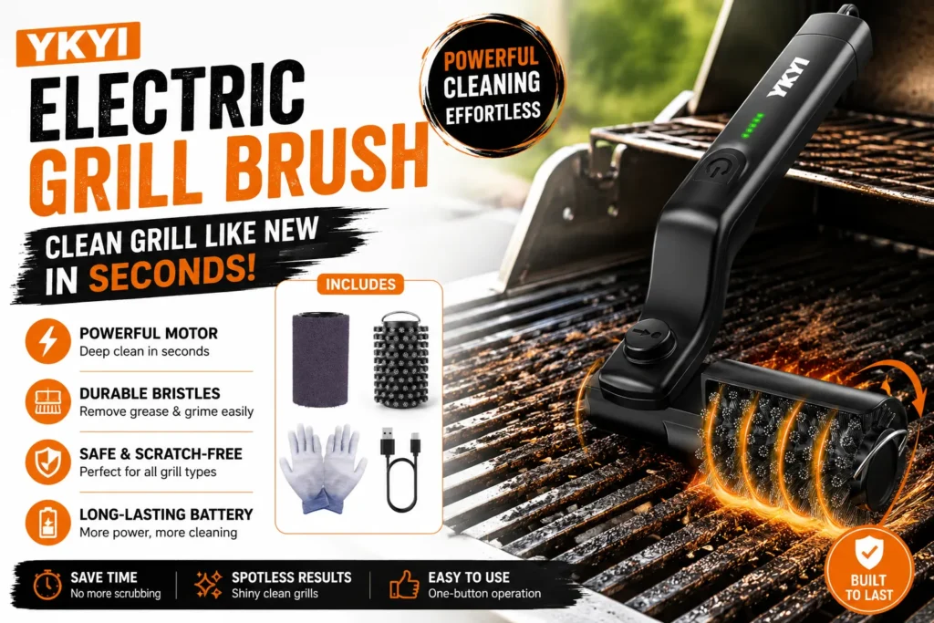 YKYI Electric Grill Brush cleaning a stainless steel BBQ grill