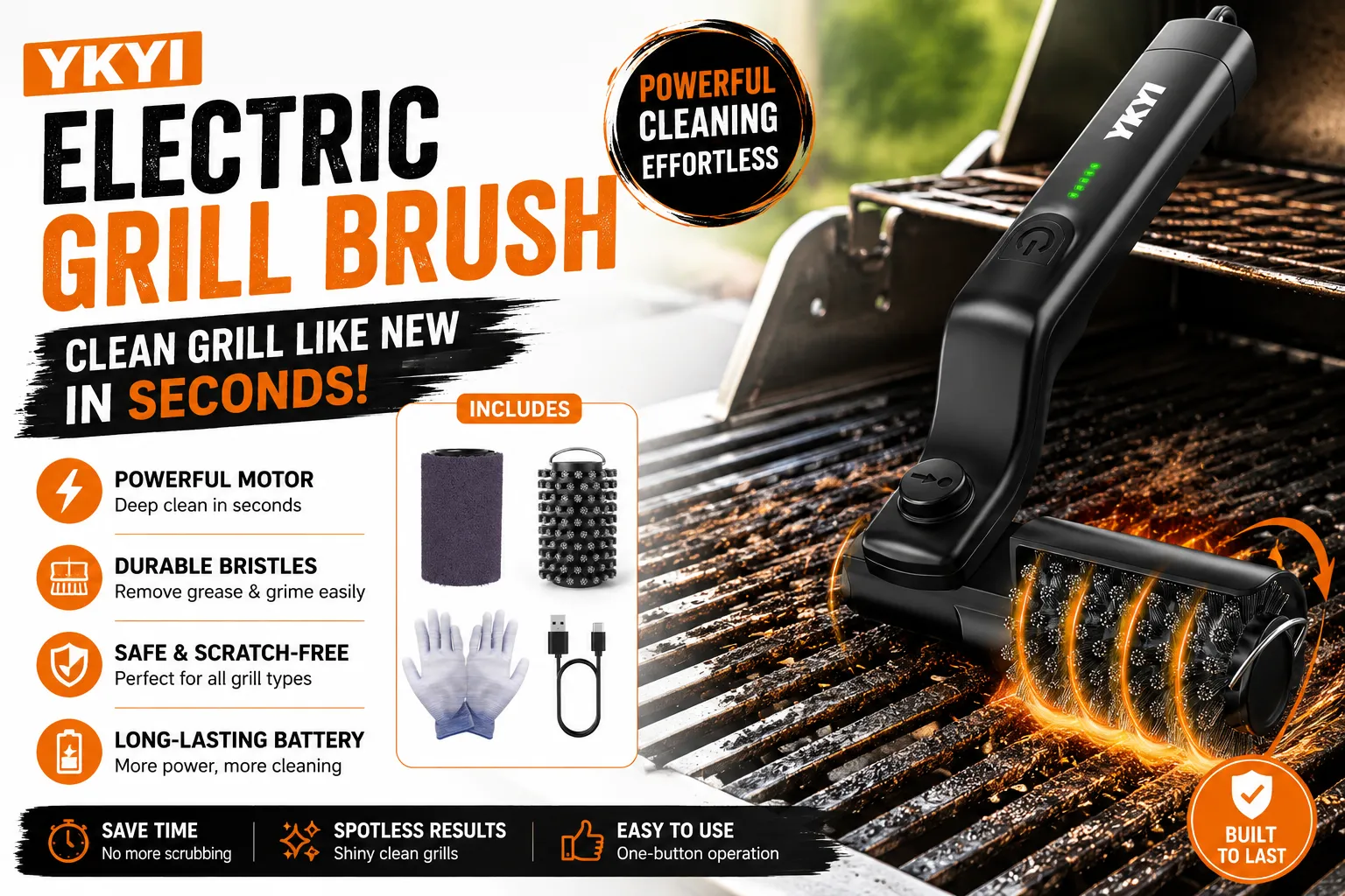 YKYI Electric Grill Brush cleaning a stainless steel BBQ grill